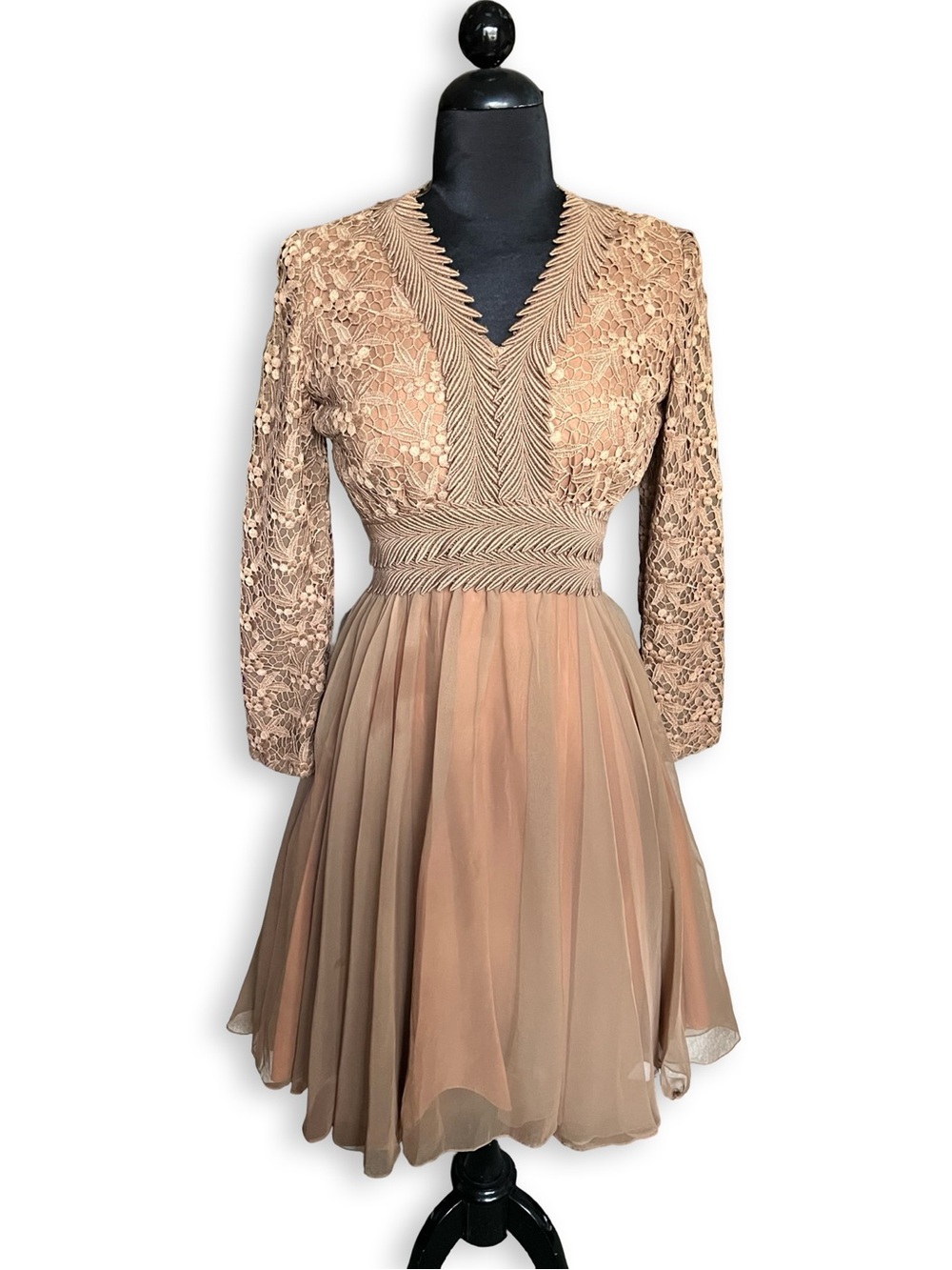 Vintage 1960s Caramel Mocha Brown Floral Leaf Lace Pleated Chiffon Party Dress